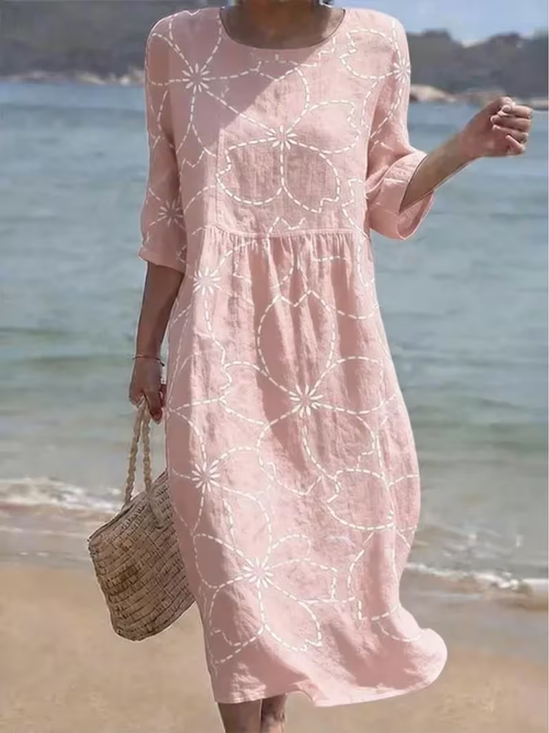 Women's Half Sleeve Summer Pink Floral Printing Crew Neck Daily Going Out Casual Maxi H-Line Dress
