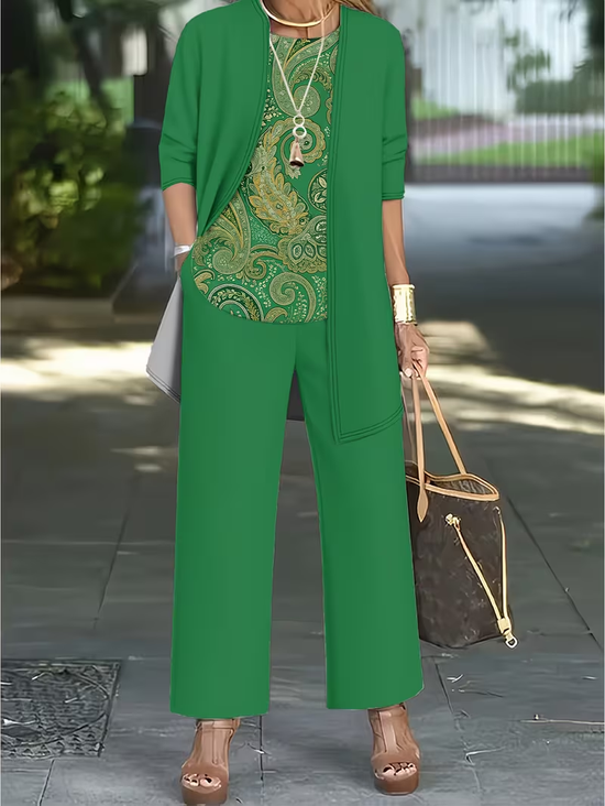 Women's Printing Paisley Daily Going Out Matching Outfit Green Casual Spring/Fall Multi-Piece Set Matching Set