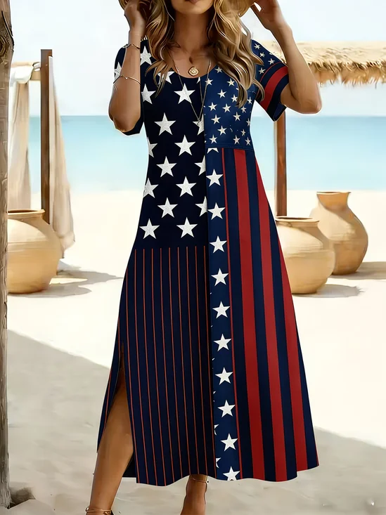 Women's Short Sleeve Summer Black Independence Day (Flag) Printing Crew Neck Daily Going Out Casual Maxi H-Line T-Shirt Dress Dress