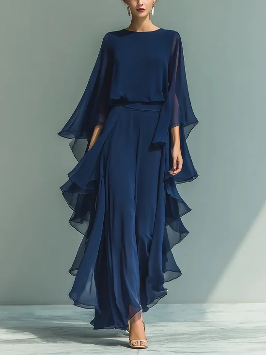Elegant Chiffon Round Neck Flared Sleeves With Straight Leg Lotus Leaf Borders Pants  Casual Two-Piece Set
