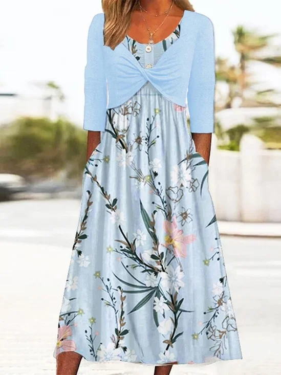 Floral Printed Color Block V Neck  Casual Fake Two Piece Dress
