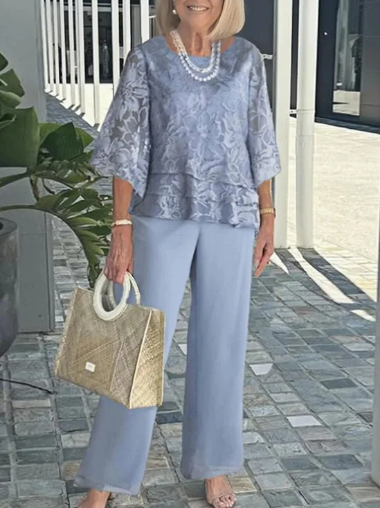 Floral Chiffon Round Neck The Quarter Sleeve Top With Solid Pants Casual Two-Piece Set