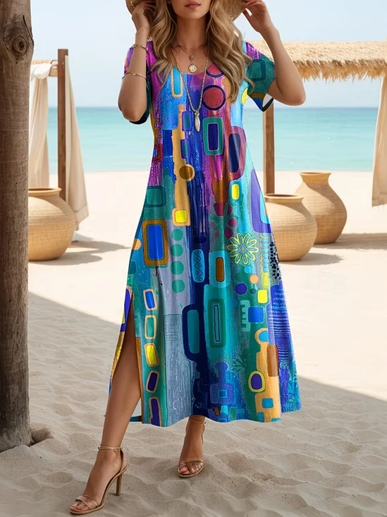 Women's Short Sleeve Summer Blue Abstract Printing Crew Neck Daily Going Out Casual Maxi H-Line T-Shirt Dress Dress