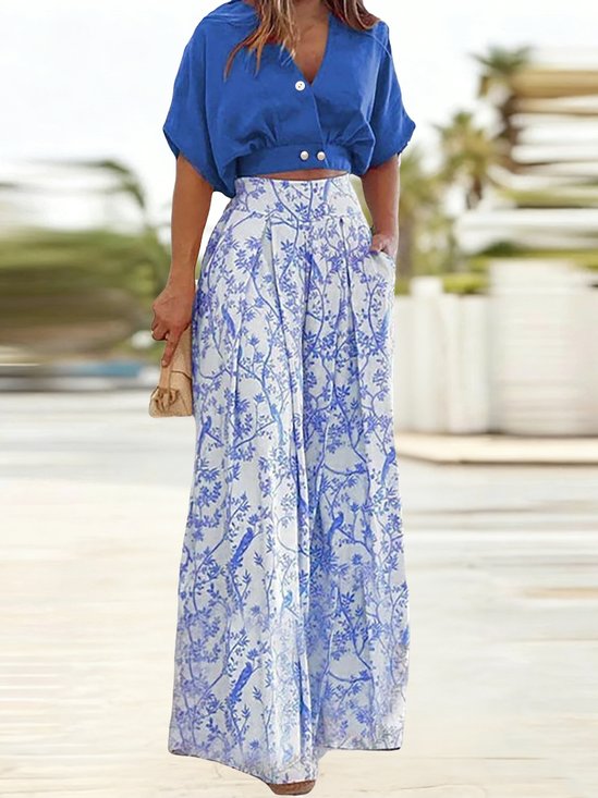 Elegant Sloid V Neck Short Sleeve Button Top With Floral Printed Wide Leg Pants Casual Two-Piece Set