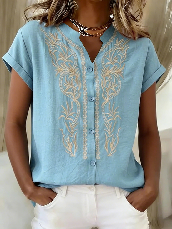 Women's V-Neck Button-Down Printed Short-Sleeve Shirt