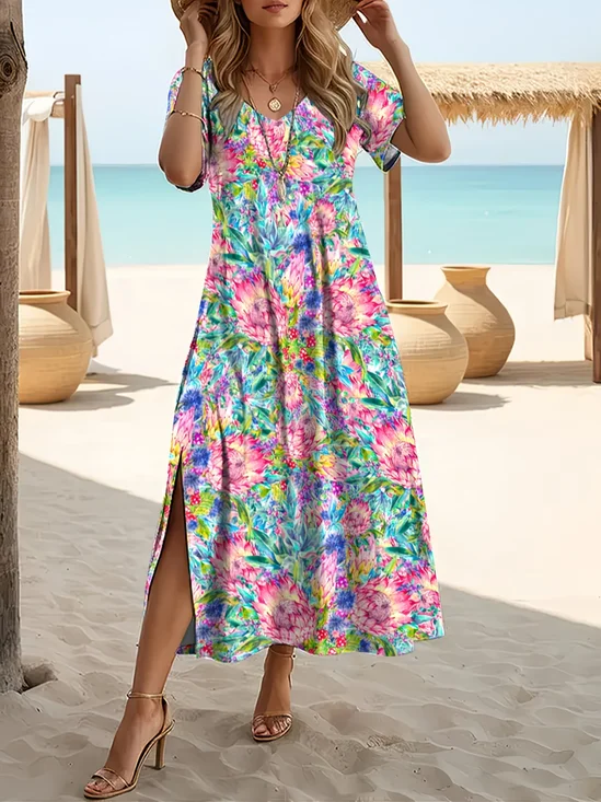 Women's Short Sleeve Summer As Picture Abstract Printing Crew Neck Daily Going Out Casual Maxi H-Line T-Shirt Dress Dress