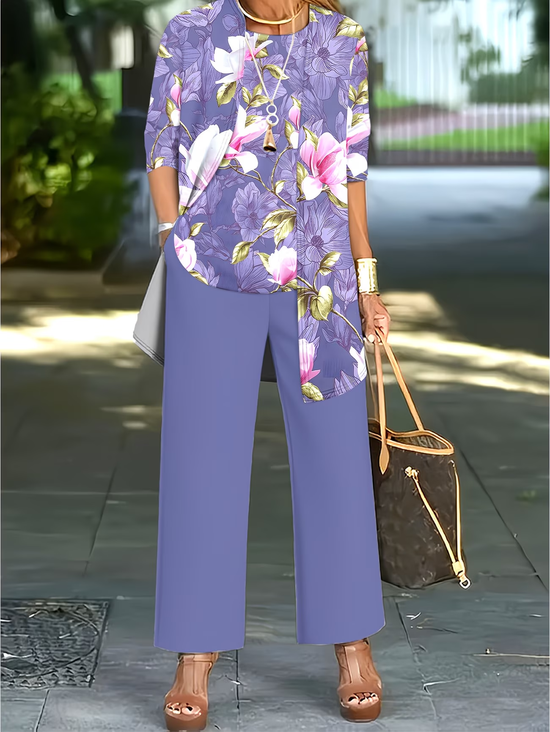 Women's Printing Floral Daily Going Out Matching Outfit Purple Casual Spring/Fall Multi-Piece Set Matching Set
