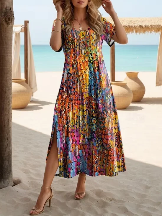 Women's Short Sleeve Summer As Picture Abstract Printing Crew Neck Daily Going Out Casual Maxi H-Line T-Shirt Dress Dress