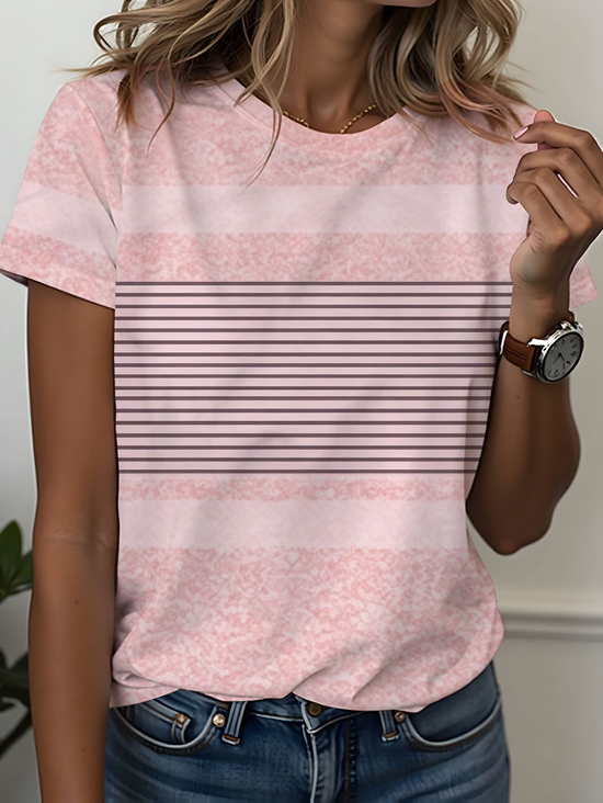 Women's Short Sleeve T-shirt Summer Pink Striped Printing Jersey Crew Neck Daily Going Out Casual Top