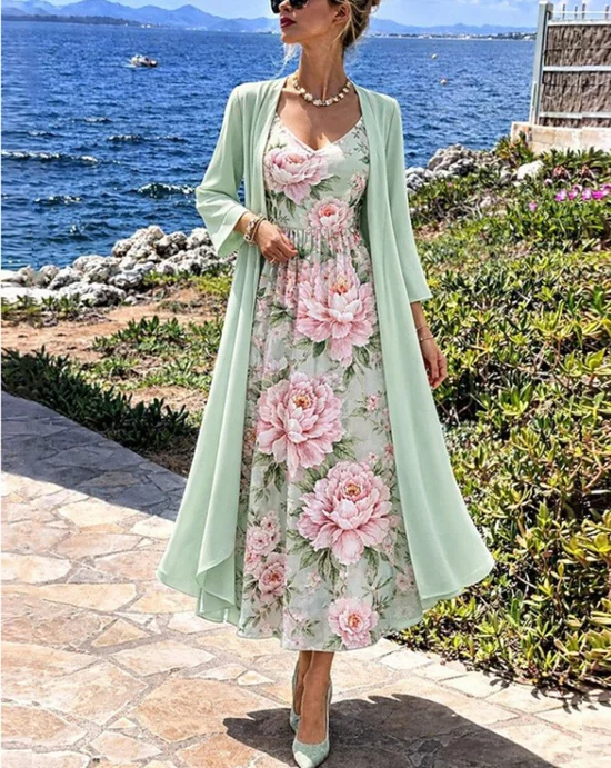 Floral Printed Color Block Round Neck Top With Dress Casual Two-Piece Set