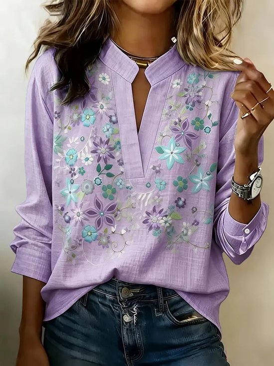 Women's V-Neck Button-Down Printed Long-Sleeve Shirt