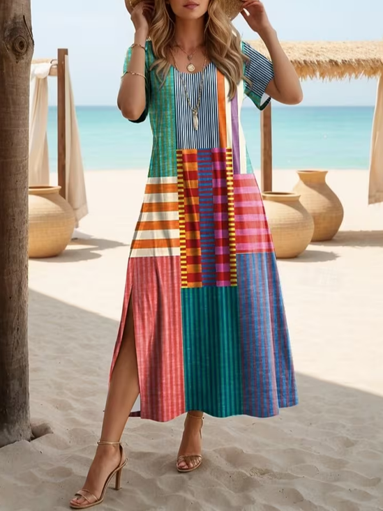 Women's Short Sleeve Summer As Picture Abstract Printing Crew Neck Daily Going Out Casual Maxi H-Line T-Shirt Dress Dress