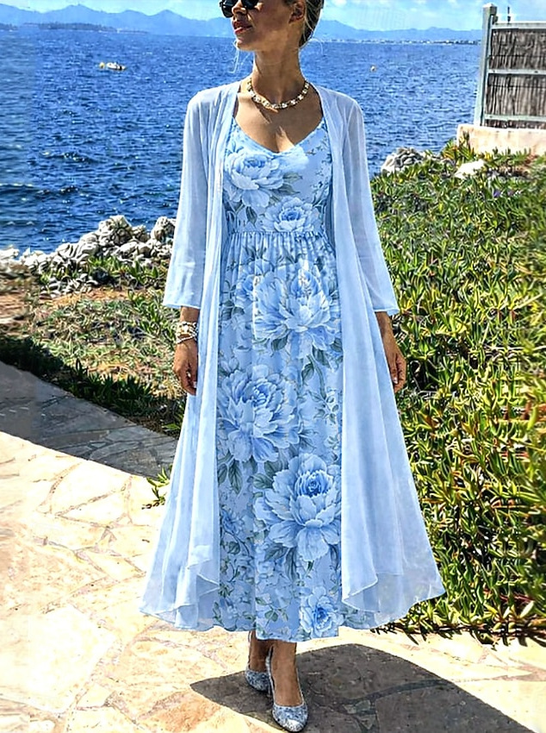 Floral Printed Color Block Round Neck Top With Dress Casual Two-Piece Set