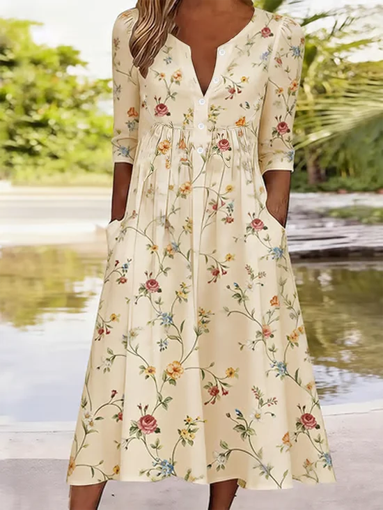 Casual Botanical Pattern Half Open Collar Dress With No