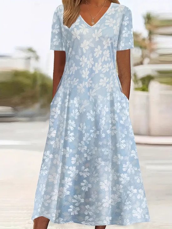 Crew Neck Casual Floral Dress With No