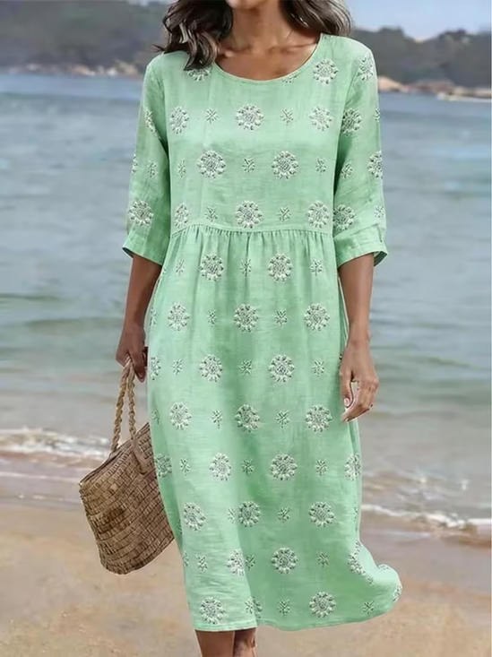 Women's Half Sleeve Summer Green Floral Printing Crew Neck Daily Going Out Casual Maxi H-Line Dress