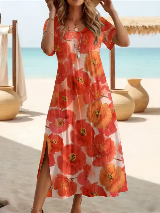 Women's Short Sleeve Summer Orange Red Floral Printing Crew Neck Daily Going Out Casual Maxi H-Line T-Shirt Dress Dress