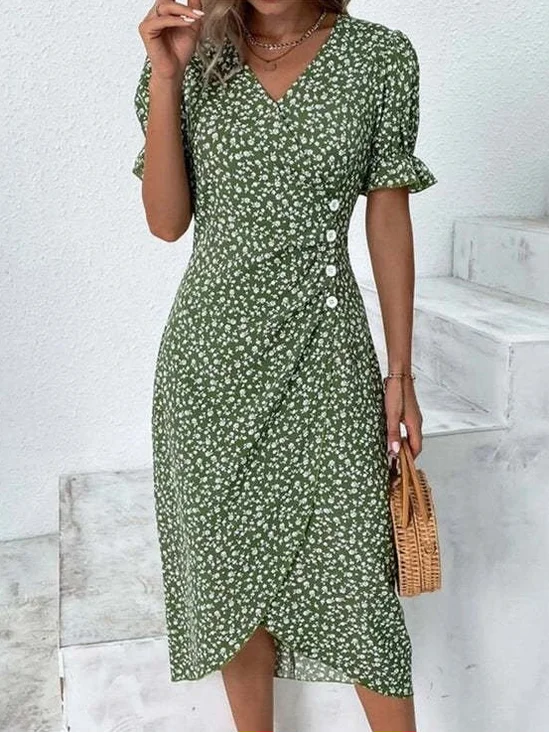 Others Puff Sleeve Loose Ditsy Floral Elegant Dress With No