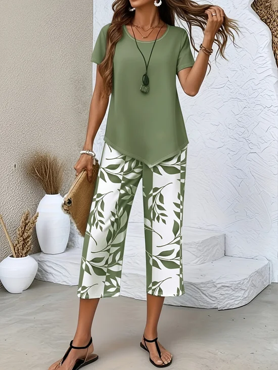Solid Round Neck Short Sleeve Top With Floral Printing Pants Casual Two-Piece Set