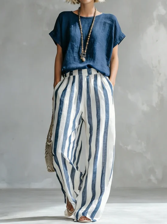 Cotton Blend Round Neck Short Sleeve Top With Stripe Pants Casual Two-Piece Set