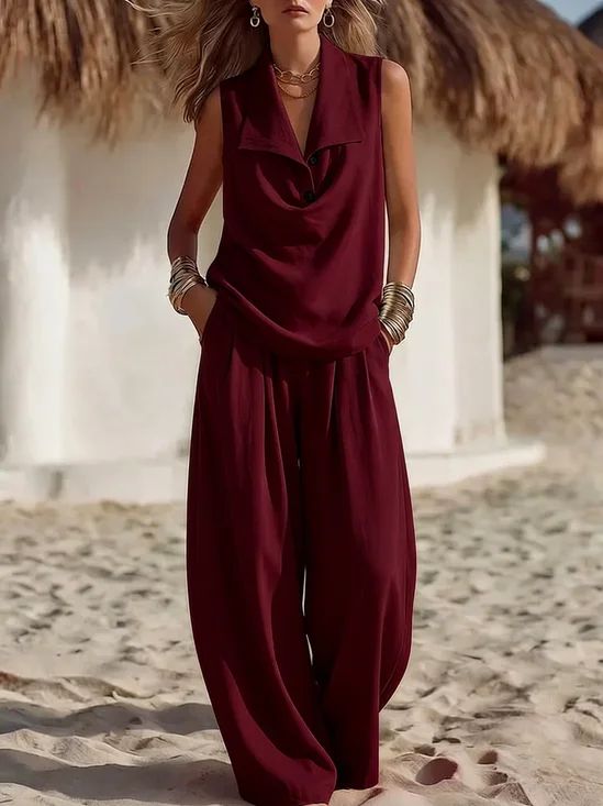 Plain Loose Elegant Shawl Collar Sleeveless Summer Going Out Casual Two-Piece Set