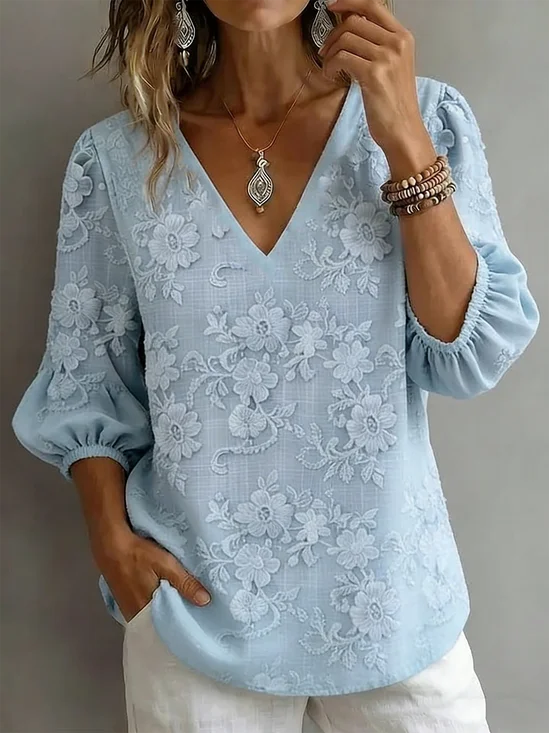 Vintage V Neck Cotton-Blend Floral T-Shirt