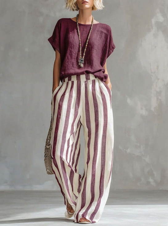 Cotton Blend Round Neck Short Sleeve Top With Stripe Pants Casual Two-Piece Set