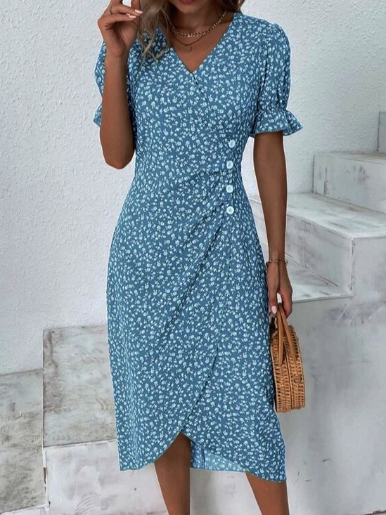 Ditsy Floral Puff Sleeve Wrap Midi Dress Elegant V Neck Summer Dress