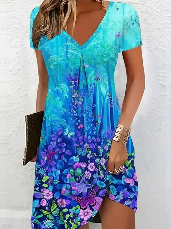 Women's Floral Butterfly Spring Print Casual V-Neck Short Sleeve Dress