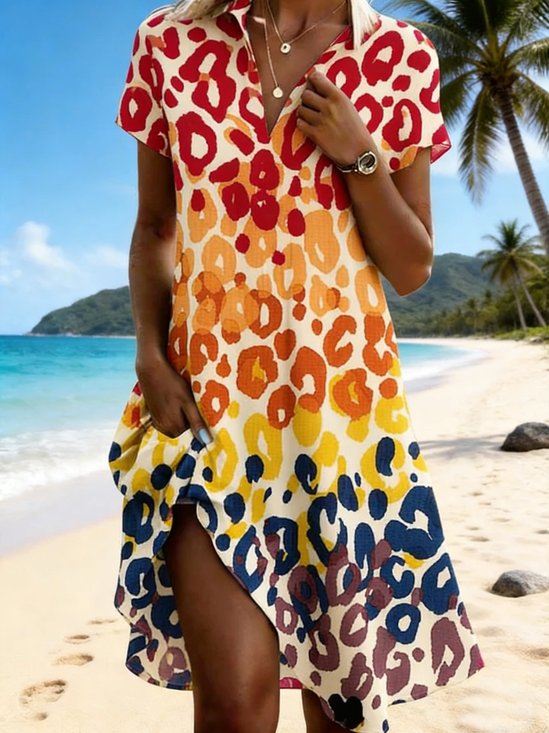 Women's Leopard Printing Short Sleeve V-Neck Summer Beach Vacation Midi Dress