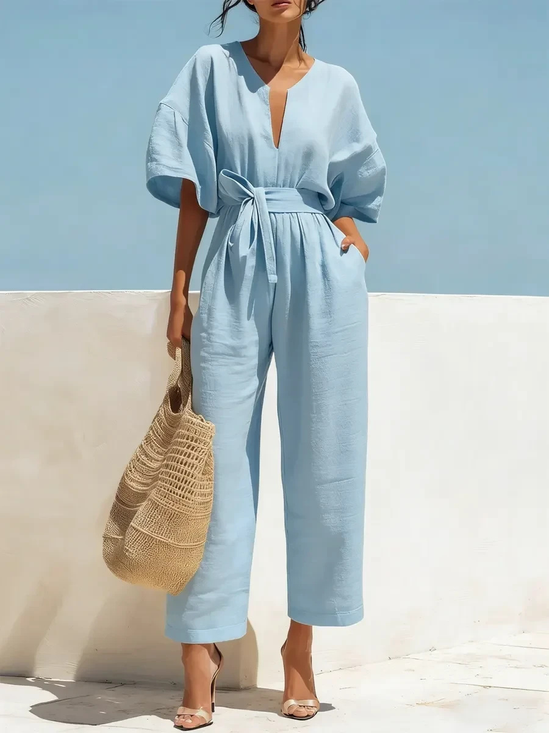 Cotton And Linen V Neck  Short Sleeve Belt Summer Elegant Casual Jumpsuit