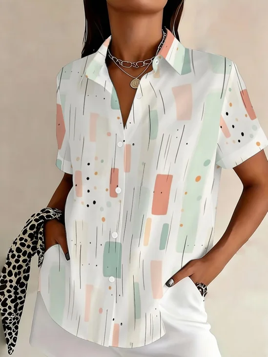 Women's Short Sleeve Shirt Summer White Abstract Printing Shirt Collar Daily Going Out Casual Top
