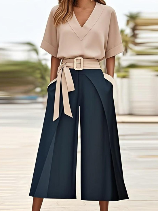 Plain Color Block Elegant V Neck Short Sleeve With Wide Leg Pants Belt Spring Summer Going Out Casual Two-Piece Set