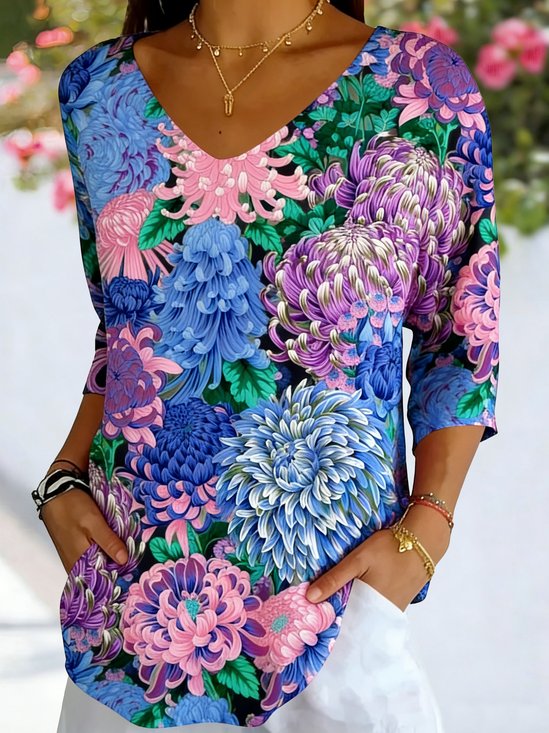 Women's Three Quarter Sleeve T-shirt Spring/Fall Purple Floral Printing V Neck Daily Going Out Casual Top