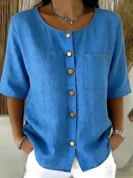 Cotton And Linen Short Sleeve Metal Button Summer Plain Casual Shirt