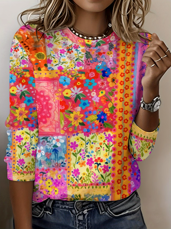 Boho Crew Neck Geometric T-Shirt