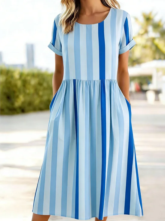 Women's Short Sleeve Summer Blue Striped Printing Round Neck Daily Going Out Casual Maxi A-Line Dress