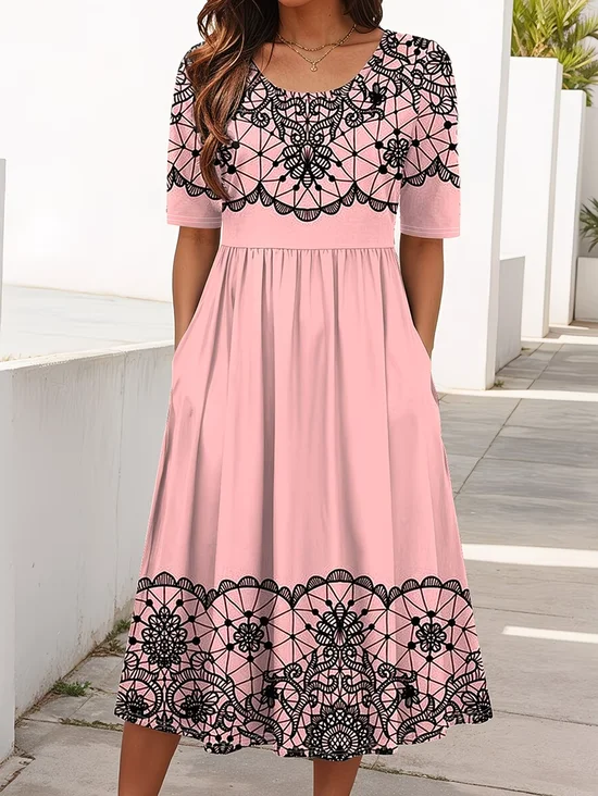 Women's Short Sleeve Summer Pink Floral Printing Crew Neck Daily Going Out Casual Maxi H-Line Shift Dress Dress
