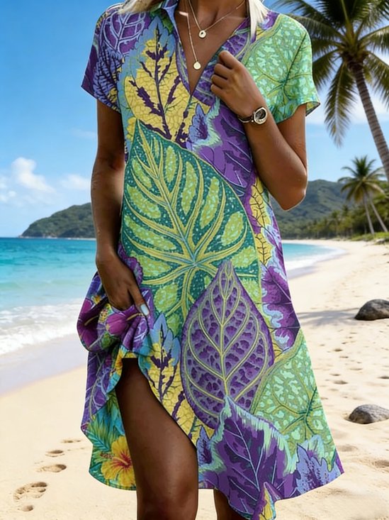 Women's Leaf Printing Short Sleeve V-Neck Summer Beach Vacation Midi Dress