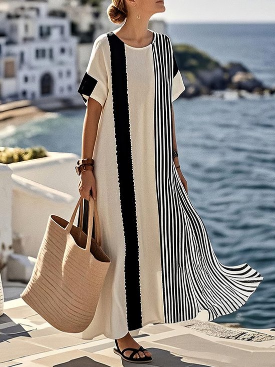 Color Block Stripe Round Neck Short Sleeve Summer Loose Vacation Maxi Dress