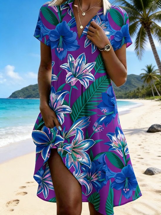 Women's Floral Printing Short Sleeve V-Neck Summer Beach Vacation Midi Dress