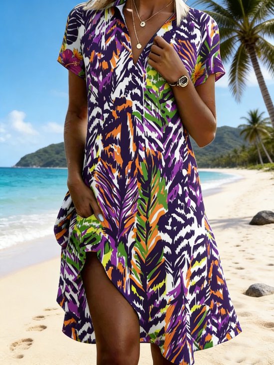 Women's Abstract Leopard Printing Short Sleeve V-Neck Summer Beach Vacation Midi Dress