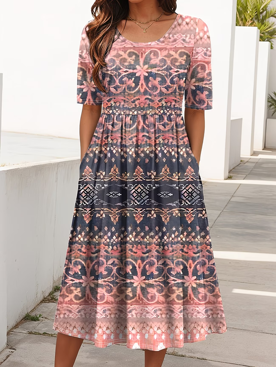 Women's Short Sleeve Summer Pink Ethnic Printing Crew Neck Daily Going Out Casual Maxi H-Line Shift Dress Dress