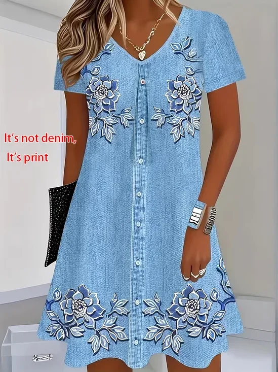 Women's Short Sleeve Summer Blue Floral Printing V Neck Daily Going Out Casual Knee Length H-Line T-Shirt Dress Dress