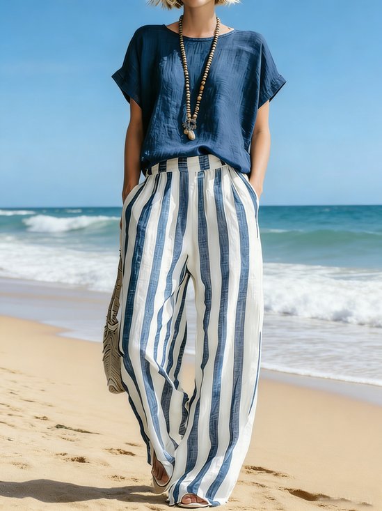 Cotton Blend Round Neck Short Sleeve Top With Stripe Pants Casual Two-Piece Set
