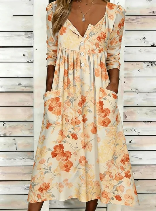 Floral Loose Half Open Collar Casual Dress With No