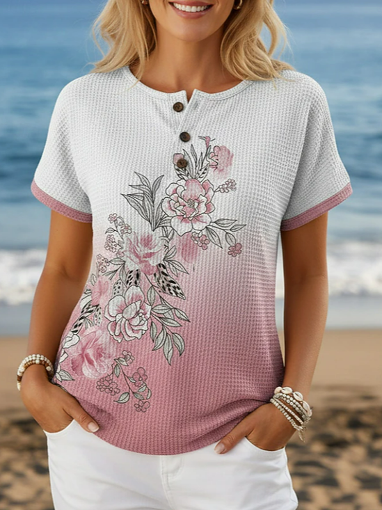Women's Short Sleeve T-shirt Summer Pink Floral Printing Crew Neck Daily Going Out Vintage Top