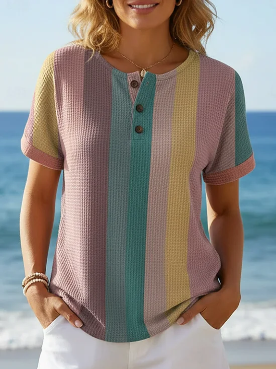 Women's Short Sleeve T-shirt Summer As Picture Striped Printing Crew Neck Daily Going Out Vintage Top