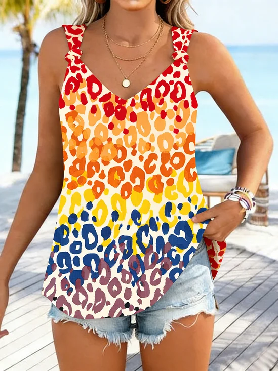 Women's Tummy Coverage Colorful Leopard Print V Neck Vacation Tank Top