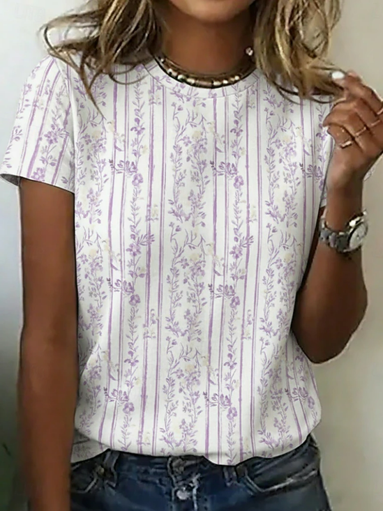 Women's Short Sleeve T-shirt Summer White Striped Printing Jersey Crew Neck Daily Going Out Casual Top